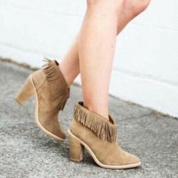 Joie Loren Fringe Tan Suede Heel Ankle Bootie Size - 38 - Picture 2 of 14